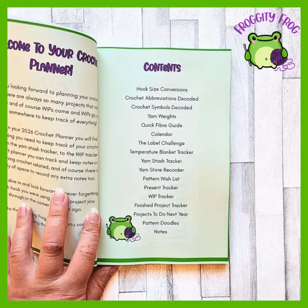 Content of Froggity Frogs 2026 crochet planner