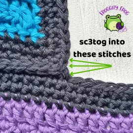 Making a sc3tog around the inside corner of the Wall Of Stitches blanket