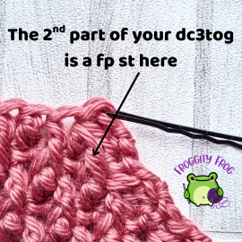 C2C Alpine making a dc3tog with a fp stitch